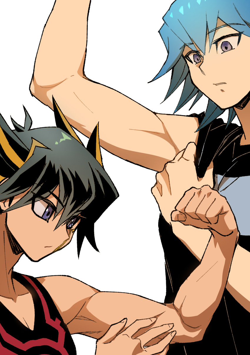absurdres adjusting_clothes biceps black_hair black_shirt black_tank_top blue_eyes blue_hair bruno_(yu-gi-oh!) comparison expressionless facial_mark facial_tattoo flexing fudo_yusei grey_eyes hand_on_own_arm highres looking_down looking_to_the_side marking_on_cheek multicolored_hair parted_lips shirt short_hair simple_background size_comparison spiked_hair standing streaked_hair t-shirt tank_top tattoo toned toned_male white_background youko-shima yu-gi-oh! yu-gi-oh!_5d's