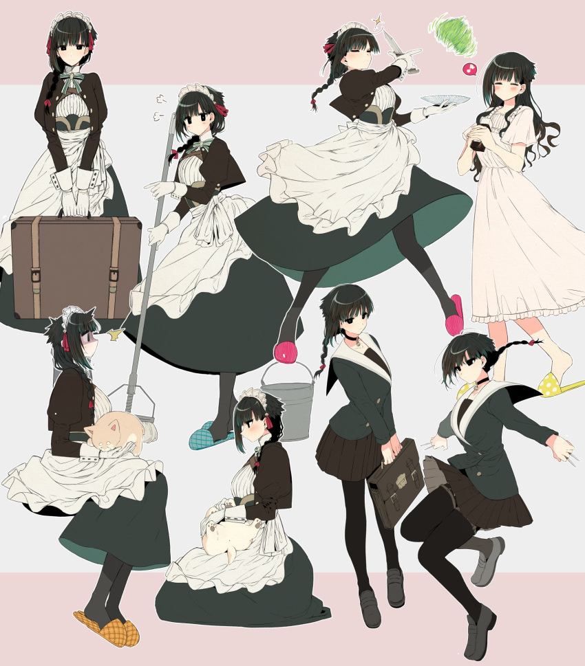 1girl apron bell black_choker black_pantyhose black_skirt blush bow bowtie braid braided_ponytail briefcase bucket cabbage cat choker closed_eyes commentary_request cutting dress frilled_dress frills green_bow green_bowtie green_hair grey_footwear hair_ribbon highres holding holding_knife holding_mop holding_weapon juliet_sleeves kimi_wa_meido-sama knife long_hair long_sleeves looking_at_viewer maid maid_apron maid_headdress mop multiple_views neck_bell no_mouth pantyhose pleated_skirt puffy_sleeves red_ribbon ribbon seiza short_sword shotan simple_background sitting skirt slashing sleeve_cuffs slippers surprised sword waist_apron weapon white_apron white_dress yuki_(kimi_wa_meido-sama)