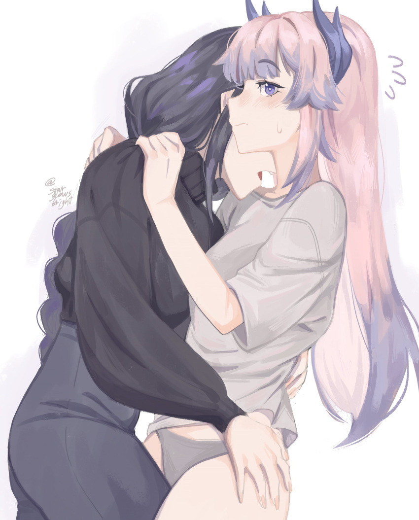 2girls absurdres black_pants black_sweater blush braid closed_mouth commentary flying_sweatdrops genshin_impact glowy_(gloww) grey_pants hand_on_another's_shoulder hand_on_another's_waist hashtag-only_commentary highres horns imminent_bite long_hair long_sleeves multicolored_hair multiple_girls pants pink_hair purple_eyes purple_hair raiden_shogun sangonomiya_kokomi shirt short_sleeves simple_background single_braid streaked_hair sweatdrop sweater twitter_username white_background white_shirt yuri