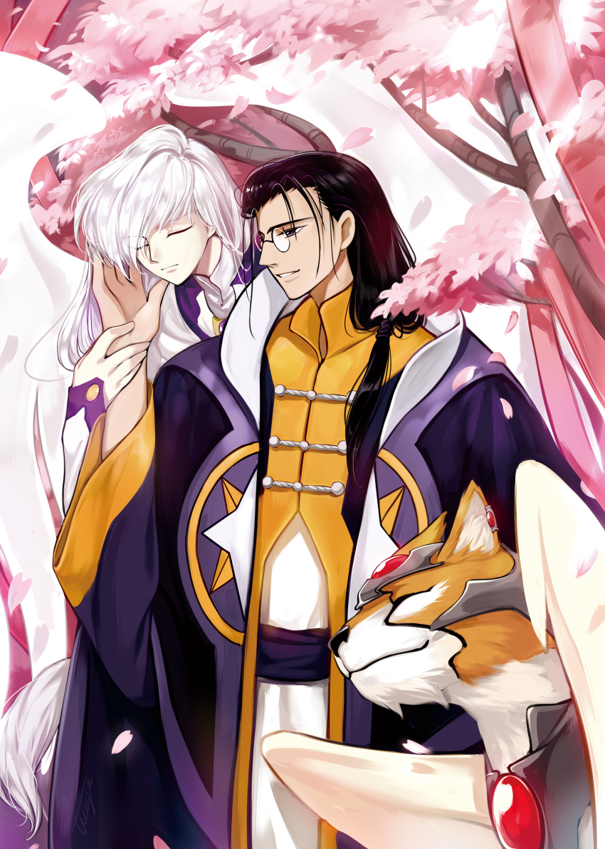 2boys absurdres angel_wings armored_animal black_hair cardcaptor_sakura cherry_blossoms chest_jewel chinese_clothes ciciya closed_eyes closed_mouth clow_reed coat cowboy_shot falling_petals feathered_wings flower glasses hair_behind_ear hair_over_shoulder hair_pulled_back hand_on_another's_cheek hand_on_another's_face highres jacket kerberos lion long_coat long_hair long_sleeves looking_at_another low_ponytail male_focus multiple_boys open_clothes open_coat parted_lips petals pince-nez pink_flower profile purple_coat purple_eyes robe round_eyewear sleeves_past_wrists smile standing star_(symbol) swept_bangs tangzhuang tree very_long_hair white_hair white_robe white_wings winged_animal wings yellow_jacket yue_(cardcaptor_sakura)