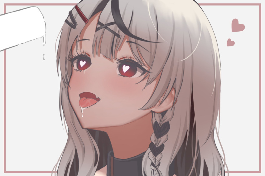 black_choker black_hair border braid choker close-up commentary_request fang food grey_hair hair_ornament hairclip heart heart-shaped_pupils highres hololive ice_cream inset_border melting multicolored_hair nyu-tan94 open_mouth outside_border popsicle portrait red_border red_eyes sakamata_chloe saliva saliva_drip sexually_suggestive side_braid single_braid skin_fang solo streaked_hair suggestive_fluid symbol-shaped_pupils tongue tongue_out two-tone_hair virtual_youtuber x_hair_ornament