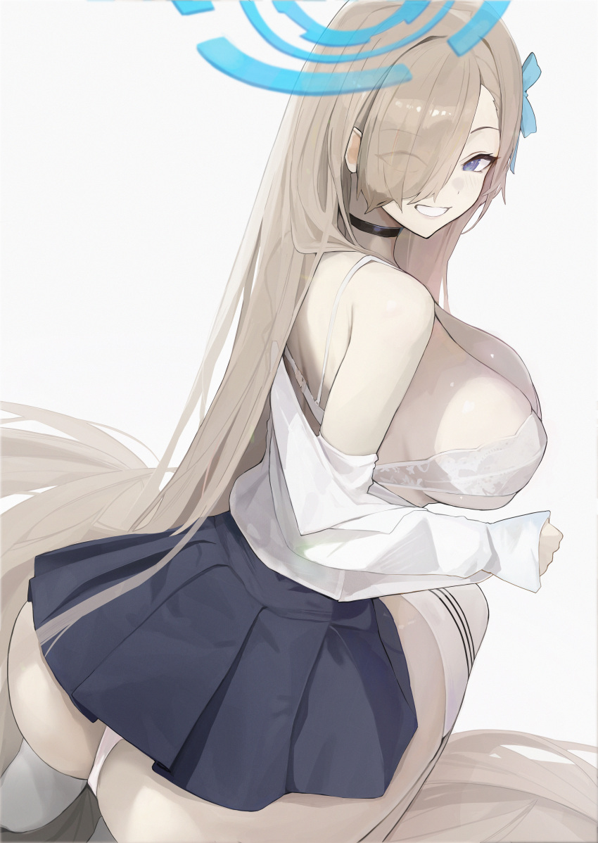 1girl absurdres ass asuna_(blue_archive) black_choker black_skirt blue_archive blue_eyes blue_halo blue_ribbon blush bra breasts choker grin hair_over_one_eye hair_ribbon halo highres large_breasts light_brown_hair long_hair long_sleeves panties pleated_skirt ribbon shakabrah shirt simple_background skirt smile solo underwear white_background white_bra white_panties white_shirt