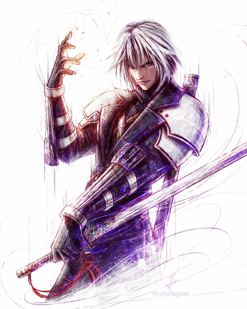 1boy aged_down arm_guards armor black_coat black_gloves closed_mouth coat cowboy_shot english_commentary fighting_stance final_fantasy final_fantasy_vii final_fantasy_vii_ever_crisis glint gloves green_eyes grey_hair hand_up highres holding holding_sword holding_weapon instagram_username lips looking_at_viewer male_focus open_hand ribbed_sweater sephiroth short_hair shoulder_armor signature solo sweater sword turtleneck turtleneck_sweater tylor_hepner weapon
