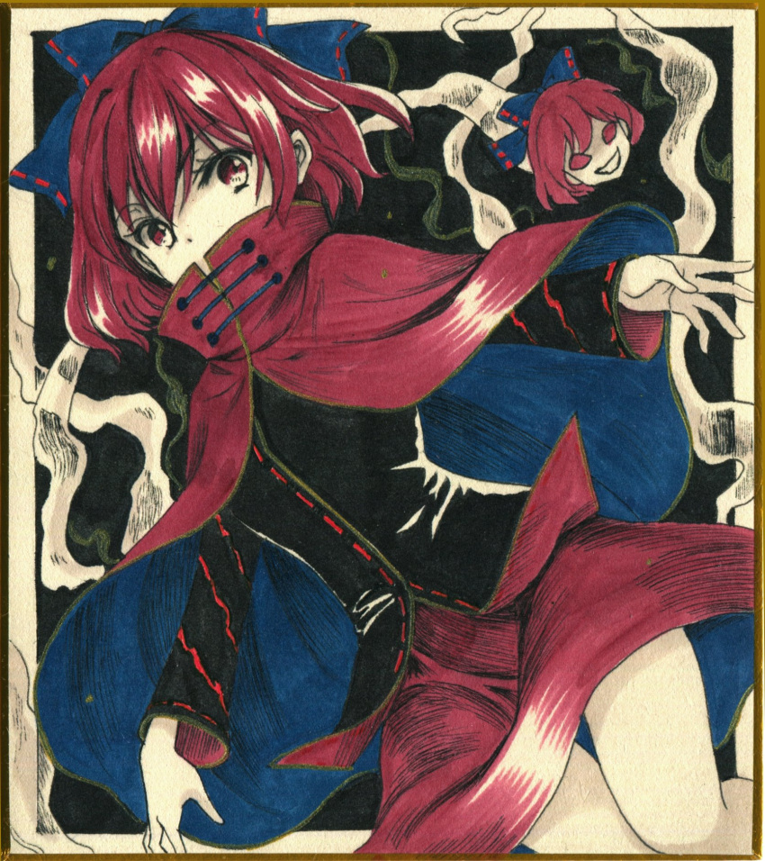 1girl black_shirt blue_bow blue_cape blue_skirt bow cape commentary_request covered_mouth disembodied_head hair_bow hajike_akira high_collar highres limited_palette long_sleeves miniskirt red_cape red_eyes red_hair red_skirt ribbon-trimmed_bow sekibanki shirt skirt smoke solo touhou traditional_media two-tone_cape two-tone_skirt