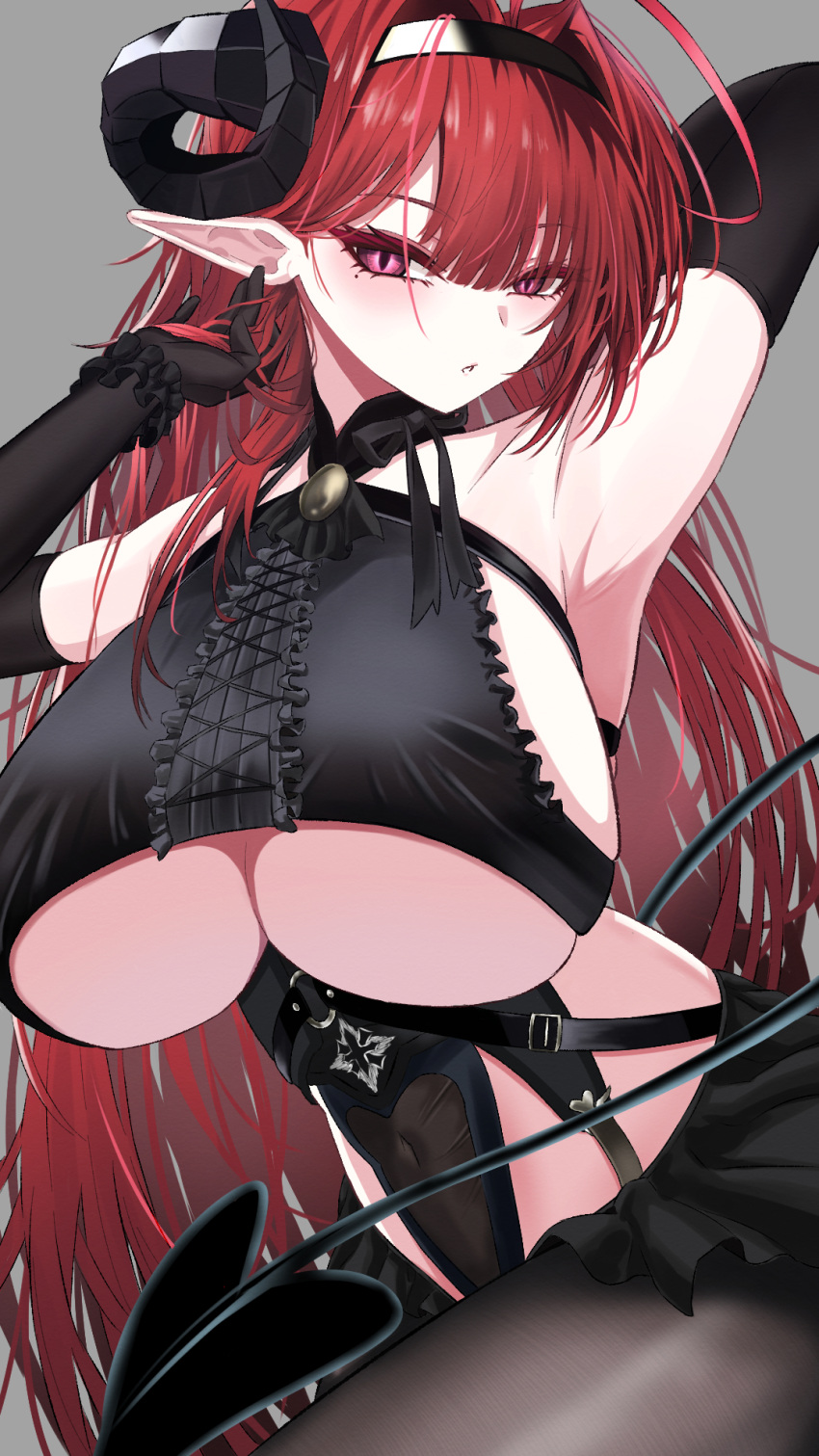 arm_behind_head armpits arms_up azur_lane black_headband black_horns breasts center_cross_lace clothing_cutout covered_navel curled_horns demon_girl demon_tail elbow_gloves forward_facing_horns gloves hand_in_own_hair headband highres hindenburg_(azur_lane) horns huge_breasts kazam_fm long_hair looking_at_viewer red_eyes red_hair see-through sideboob slit_pupils tail underboob_cutout