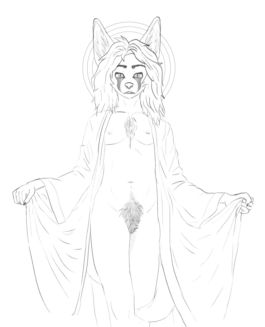absurd_res anonymous_artist anthro arvo_soborov blanford's_fox breasts canid canine chest_tuft claws clothed clothing deity eye_markings female fox genitals hair halo hi_res legs_together long_hair looking_at_viewer mammal manly markings navel nipples pubes pubic_fuzz pussy robe robe_lift robe_only sketch skimpy solo tomboy true_fox tuft
