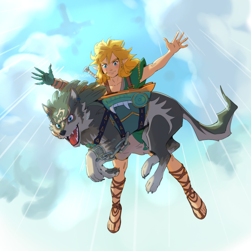 blonde_hair blue_eyes canid canine canis clothing cloud day duo elf feral fur hair hi_res humanoid humanoid_pointy_ears hylian light_body light_skin link link_(wolf_form) male mammal markings nintendo open_mouth skydiving square_crossover stupjam tears_of_the_kingdom the_legend_of_zelda wolf