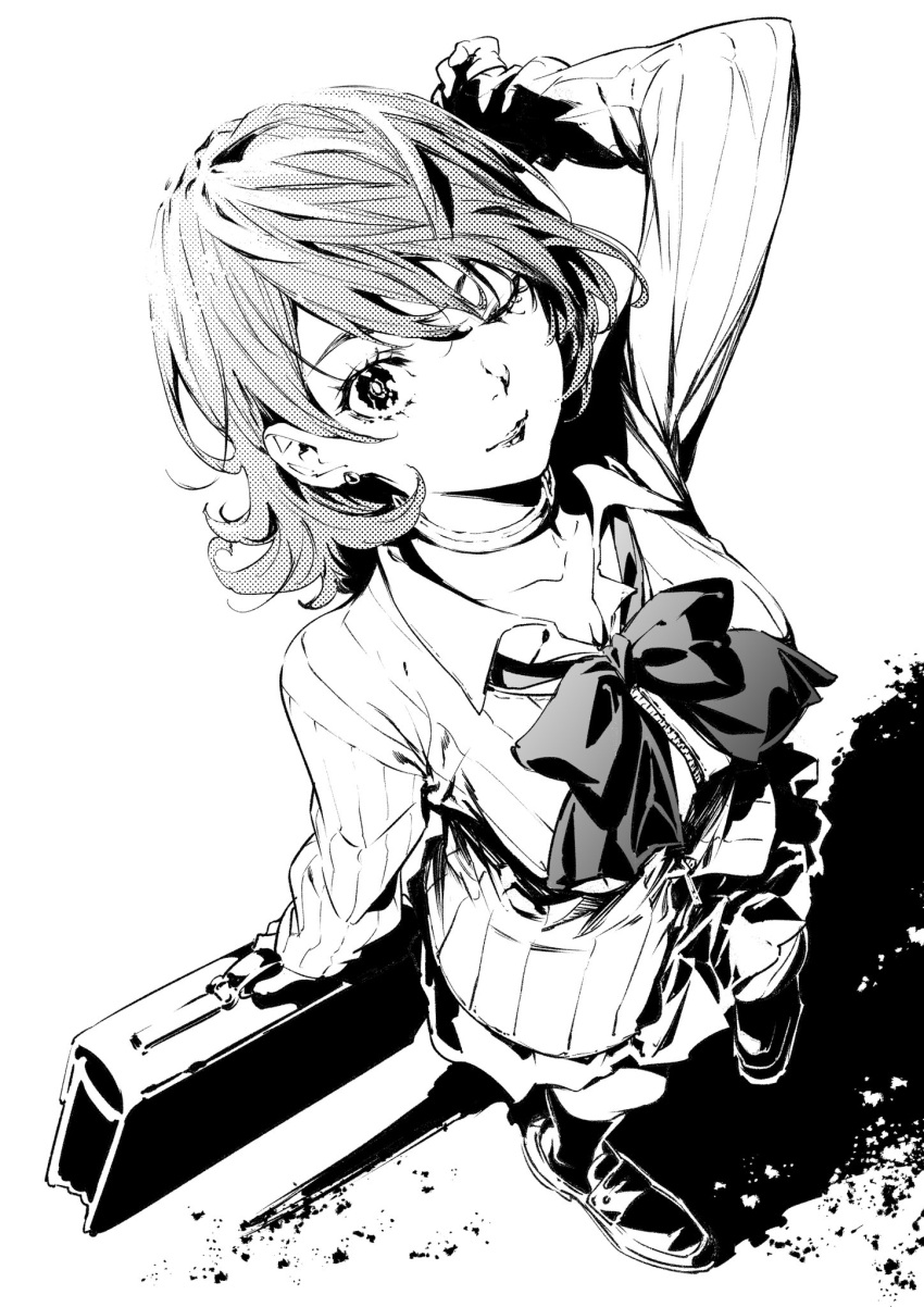 1girl arm_up bag black_socks bow bowtie breasts cardigan choker closed_mouth collarbone collared_shirt commentary_request earrings from_above full_body gekkoukan_high_school_uniform greyscale highres holding holding_bag jewelry kneehighs long_sleeves looking_at_viewer looking_up loose_bowtie medium_breasts medium_hair miniskirt monochrome one_eye_closed persona persona_3 pleated_skirt ribbed_cardigan saeki_shun school_bag school_uniform shirt shoes skirt socks standing stud_earrings takeba_yukari white_shirt