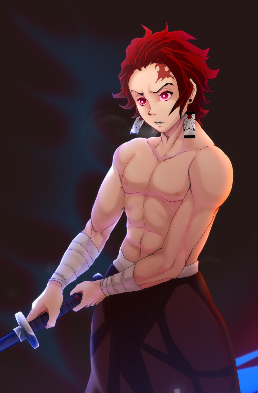 1boy absurdres bandaged_arm bandages black_pants drop_earrings earrings highres holding holding_sword holding_weapon jewelry kamado_tanjirou kimetsu_no_yaiba muscular muscular_male mycrys pants pink_eyes red_hair scar scar_on_face short_hair solo sword topless_male v-shaped_eyebrows weapon