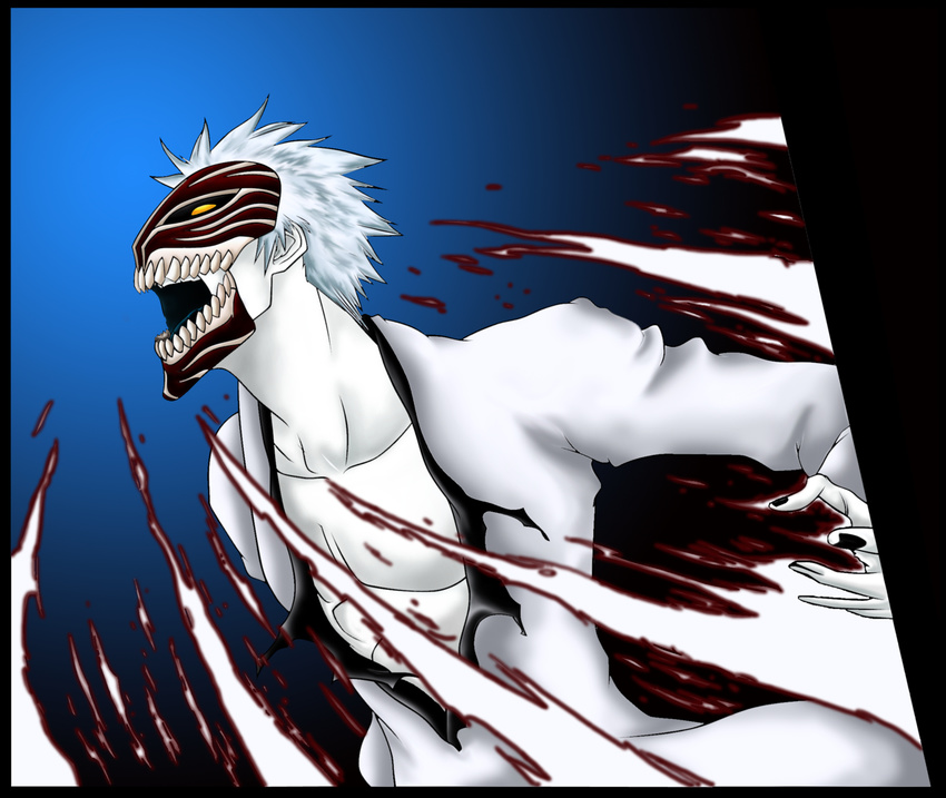 1boy bleach hollow_ichigo male mask muscle open_mouth pale_skin shirosaki_hichigo solo white_hair yellow_eyes