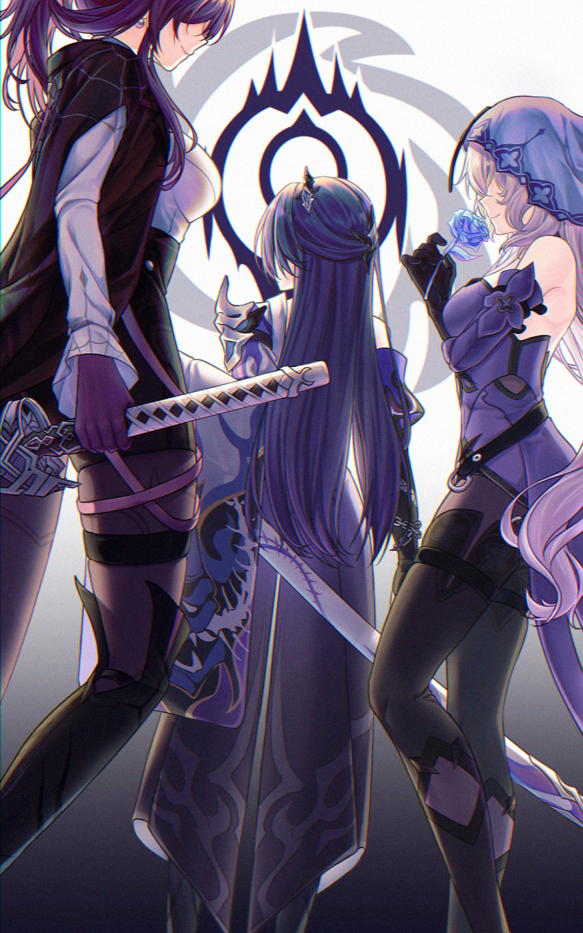 3girls acheron_(honkai:_star_rail) armor black_gloves black_jacket black_shorts black_swan_(honkai:_star_rail) blue_flower blue_rose boots chain chain_around_arm coat coattails commentary cowboy_shot detached_sleeves dress earrings english_commentary facing_away flower from_behind gloves gradient_background hair_ornament high-waist_shorts highres holding holding_sword holding_weapon honkai:_star_rail honkai_(series) huangquan_(yumi_37948746) jacket jewelry kafka_(honkai:_star_rail) katana knee_boots long_hair multiple_girls open_clothes open_jacket pantyhose pantyhose_under_shorts purple_background purple_dress purple_hair purple_pantyhose purple_sleeves purple_veil rose scabbard sheath shirt short_shorts shorts shoulder_armor sidelocks single_bare_shoulder single_knee_boot single_wide_sleeve skindentation smile spider_web_print sword thigh_boots thigh_strap weapon white_background white_coat white_shirt