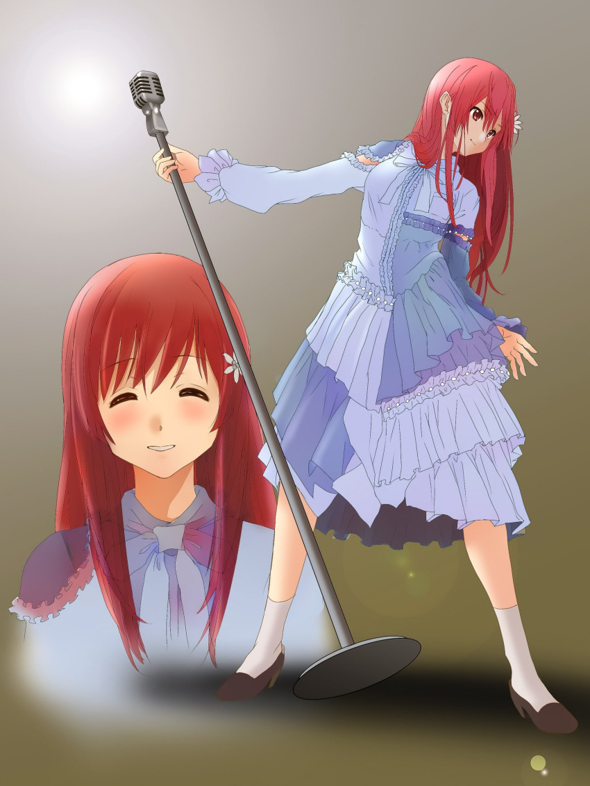 1girl 22/7 bxtbsy7q76gxh73 closed_eyes closed_mouth flower full_body hair_flower hair_ornament highres holding holding_microphone_stand long_hair looking_at_viewer microphone_stand parted_lips red_eyes red_hair sato_reika standing