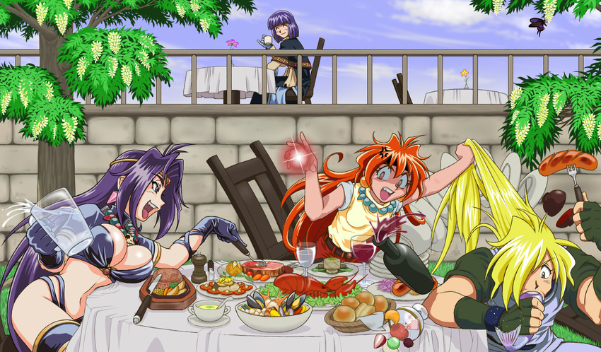 2girls angry charging cockatoo_(artist) day eating fighting food gourry_gabriev hair_pull lina_inverse magic multiple_boys multiple_girls naga_the_serpent outdoors slayers xelloss