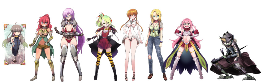 2boys 6+girls akaimato ange_(demonsroots) armor bikini blonde_hair breasts brown_hair colored_skin commentary_request cyclops dark-skinned_female dark_skin deathpolca demons_roots denim diana_(demonsroots) dress expressionless flat_chest full_body green_hair green_skin grey_hair highres horns kalinka_(demonsroots) knight large_breasts lily_killer mebius_(demonsroots) multiple_boys multiple_girls najezta_(demonsroots) navel one-eyed open_mouth otoko_no_ko pink_hair ponytail purple_hair red_hair restrained revealing_clothes sarasa_(demonsroots) short_dress single_horn smile striped_clothes striped_thighhighs swimsuit tachi-e thighhighs through_wall transparent_background zettai_ryouiki