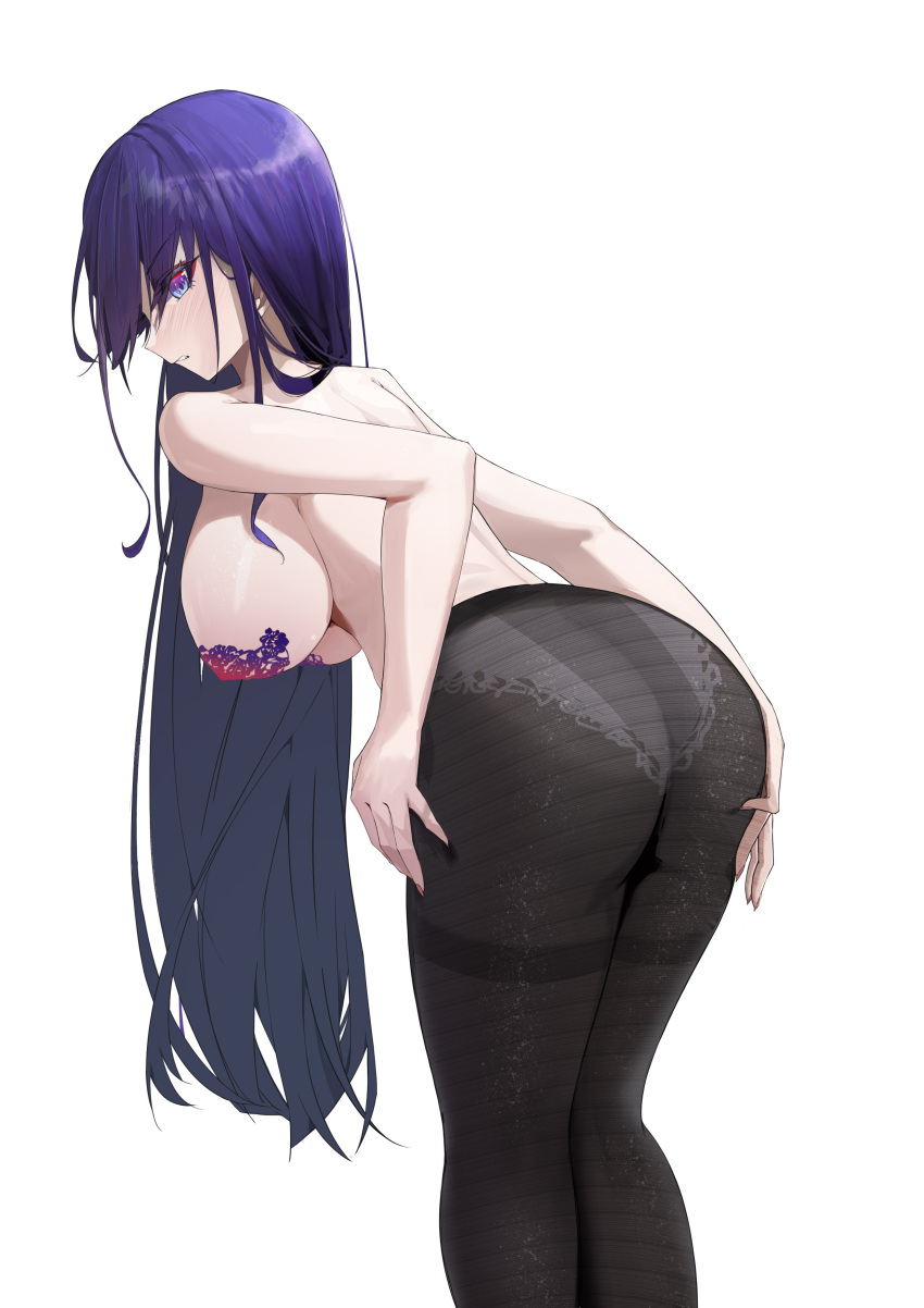 1girl absurdres ass black_pantyhose breasts commentary feet_out_of_frame highres honkai_(series) honkai_impact_3rd large_breasts lilin_(pixiv_25958194) long_hair looking_at_viewer pantyhose parted_lips purple_eyes purple_hair raiden_mei simple_background solo standing thighs topless very_long_hair white_background
