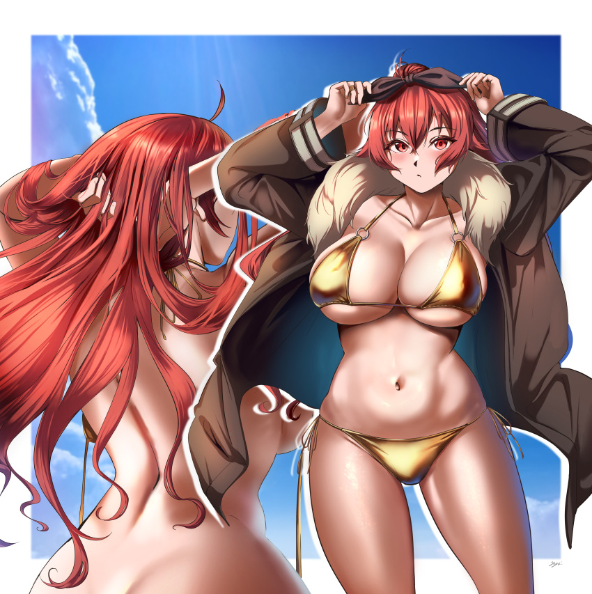 1girl absurdres aged_up ahoge arms_up ass back backboob bikini black_hairband black_jacket blue_sky blush border breasts cleavage closed_mouth cloud collarbone commentary cowboy_shot crossed_bangs day eris_greyrat gold_bikini hair_between_eyes hair_flaps hairband hands_in_hair highres jacket large_breasts long_hair long_sleeves looking_at_viewer multiple_views mushoku_tensei navel open_clothes open_jacket outline red_eyes red_hair side-tie_bikini_bottom sidelocks sky standing stomach swimsuit thick_eyebrows untied_bikini_top very_long_hair white_border white_outline yujin_(kanouyuuto-0423)