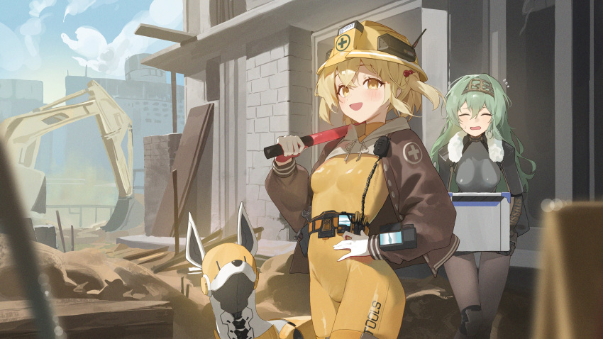 2girls absurdres black_bodysuit blonde_hair blue_sky bodysuit box breasts brown_jacket closed_eyes cloud cloudy_sky commentary_request construction day excavator gloves goddess_of_victory:_nikke green_hair hand_on_own_hip hard_hat helmet highres holding holding_box jacket kilo_(nikke) kji_(rozo) knee_pads liter_(nikke) long_hair long_sleeves looking_at_viewer marshalling_wands medium_hair multiple_girls open_clothes open_jacket open_mouth outdoors sky small_breasts smile standing sweatdrop volt_(nikke) white_gloves yellow_bodysuit yellow_eyes