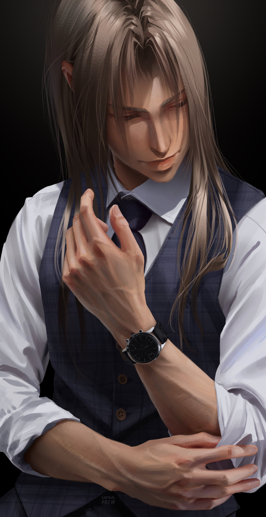 1boy absurdres alternate_costume black_background closed_eyes closed_mouth collared_shirt english_commentary final_fantasy final_fantasy_vii final_fantasy_vii_remake grey_hair grey_vest hair_over_shoulder highres long_hair male_focus necktie parted_bangs parted_lips purple_necktie realistic safaia sephiroth shirt sleeves_rolled_up solo upper_body vest watch white_shirt wristwatch