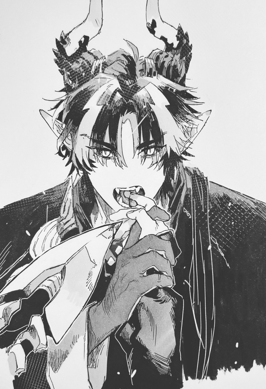 1boy arknights bleeding blood chong_yue_(arknights) dragon_boy dragon_horns dragon_tail fangs finger_in_another's_mouth grey_background greyscale hair_over_shoulder hand_grab hand_up highres horns injury long_hair looking_at_viewer low_ponytail male_focus monochrome multicolored_hair open_mouth pointy_ears pov rivershirt simple_background slit_pupils streaked_hair tail traditional_media upper_body
