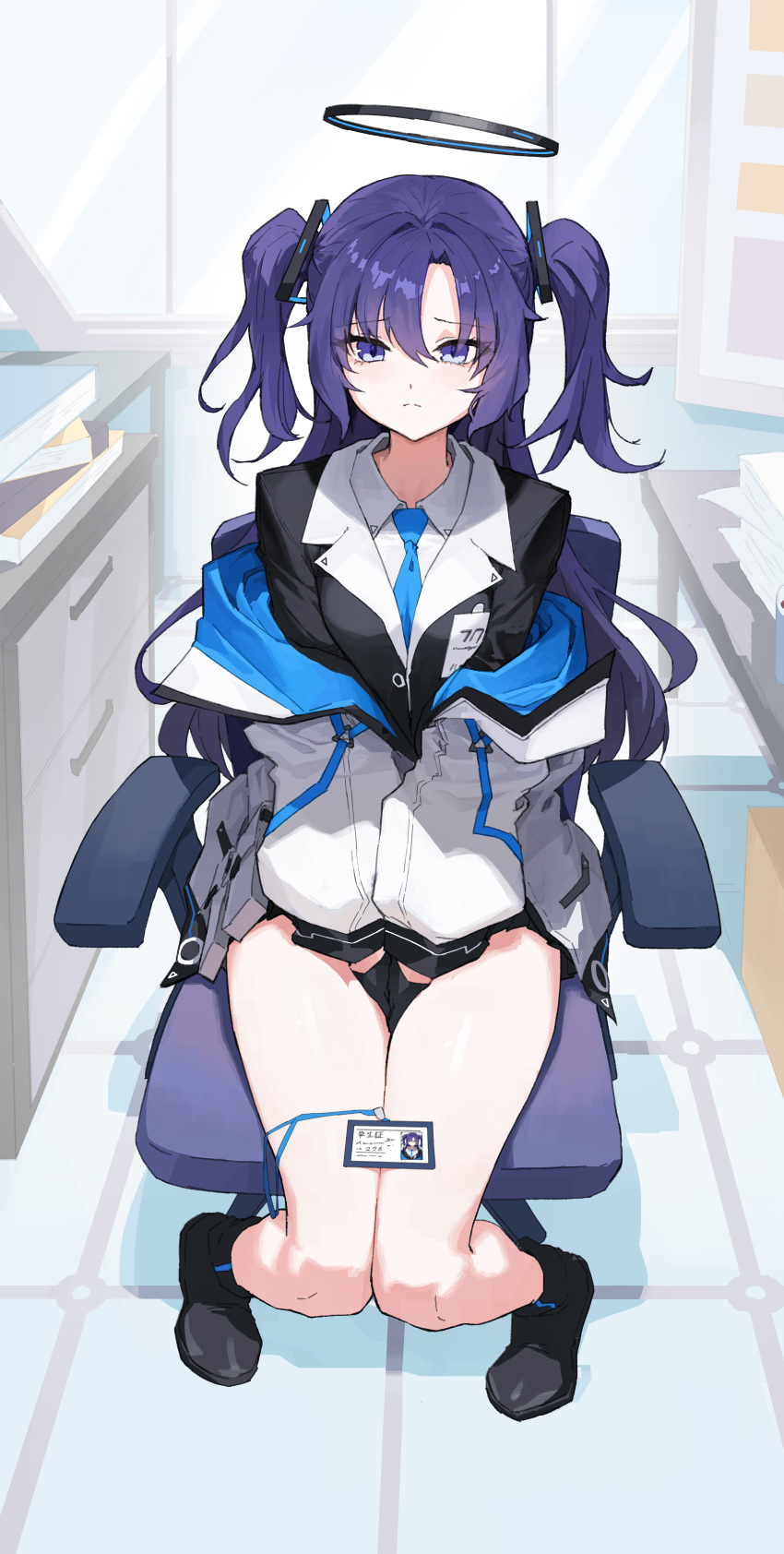 1-5iro 1girl absurdres black_footwear black_skirt blue_archive blue_necktie blush breasts closed_mouth collared_shirt full_body halo highres large_breasts long_hair looking_at_viewer mechanical_halo necktie purple_eyes purple_hair shirt shoes sitting skirt solo two_side_up white_shirt yuuka_(blue_archive)