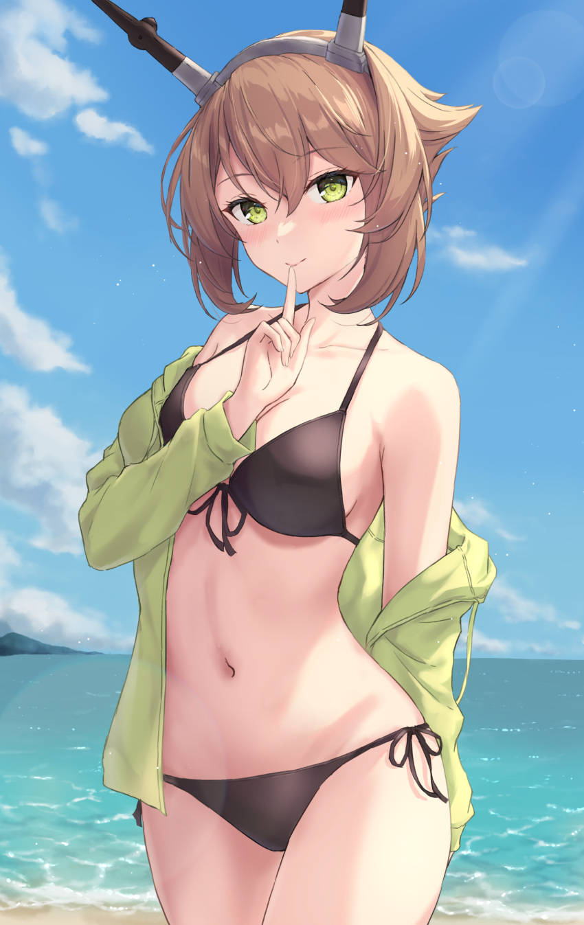 1girl absurdres beach bikini black_bikini blush breasts brown_hair closed_mouth collarbone commentary_request cowboy_shot day green_eyes green_jacket hair_between_eyes headgear highres jacket kantai_collection large_breasts long_sleeves monoku mutsu_(kancolle) ocean open_clothes open_jacket outdoors short_hair smile solo swimsuit