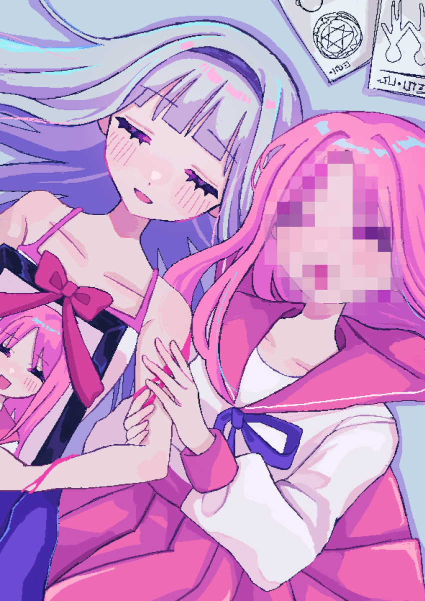 2girls absurdres bare_arms bare_shoulders blood blood_on_arm blue_hairband blue_ribbon blue_skirt blunt_bangs blush book bow censored closed_eyes collarbone commentary_request grey_hair hair_spread_out hairband hand_out_of_frame highres holding_another's_arm light_smile lying mosaic_censoring multicolored_tank_top multiple_girls neck_ribbon on_back open_mouth original parted_bangs picture_frame pink_bow pink_hair pink_sailor_collar pink_skirt pink_tank_top pixel_art ribbon sailor_collar shizumu_(shi_zumu) skirt smile tank_top two-tone_tank_top upper_body white_tank_top