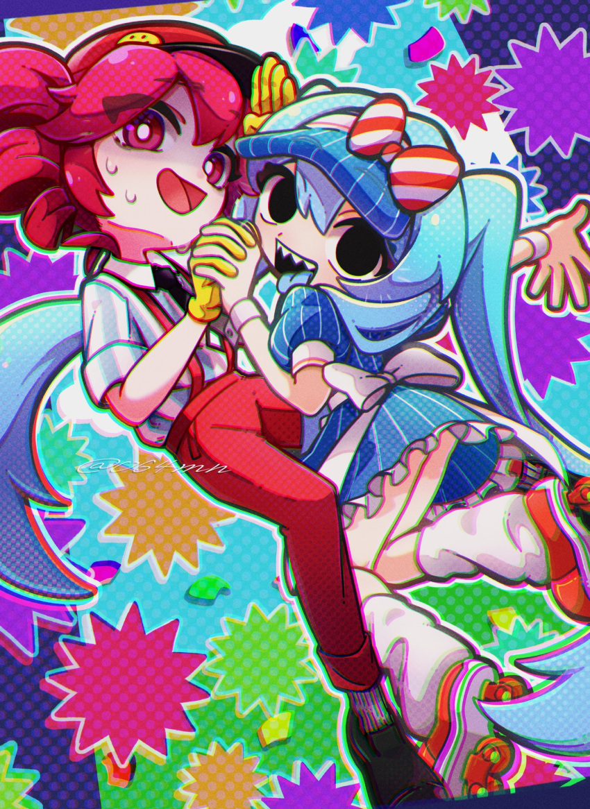 064mn 2girls black_necktie blue_dress blue_hair blue_tongue chromatic_aberration collared_shirt colored_tongue dress drill_hair gloves grid_background hair_between_eyes hatsune_miku highres holding_hands inline_skates interlocked_fingers kasane_teto looking_at_viewer loose_socks mesmerizer_(vocaloid) multiple_girls necktie nervous_sweating open_mouth outstretched_arm pants petticoat puffy_sleeves red_eyes red_hair red_pants roller_skates salute shaded_face sharp_teeth shirt shoes short_hair short_sleeves skates smile socks solid_eyes striped_clothes striped_shirt suspenders sweat teeth twin_drills twintails twitter_username utau visor_cap vocaloid white_socks wrist_cuffs yellow_gloves