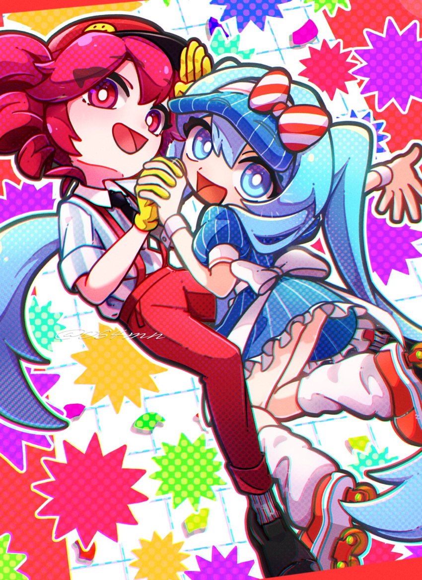 064mn 2girls black_necktie blue_dress blue_eyes blue_hair chromatic_aberration collared_shirt dress drill_hair gloves grid_background hair_between_eyes hatsune_miku highres holding_hands inline_skates interlocked_fingers kasane_teto looking_at_viewer loose_socks mesmerizer_(vocaloid) multiple_girls necktie open_mouth outstretched_arm pants petticoat puffy_sleeves red_eyes red_hair red_pants roller_skates salute shirt shoes short_hair short_sleeves skates smile socks striped_clothes striped_shirt suspenders twin_drills twintails twitter_username utau visor_cap vocaloid white_socks wrist_cuffs yellow_gloves