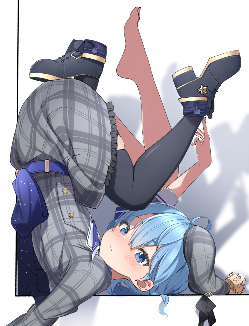 1girl absurdres black_footwear black_thighhighs blue_eyes blue_hair blush closed_mouth crown crown_hat_ornament eru_(l_illust45) from_side grey_shirt grey_skirt hair_between_eyes hashtag-only_commentary highres hololive hoshimachi_suisei hoshimachi_suisei_(1st_costume) long_sleeves looking_at_viewer mini_crown object_on_ass plaid plaid_headwear plaid_shirt plaid_skirt shadow shirt simple_background single_barefoot single_thighhigh skirt solo star_(symbol) star_print thighhighs unworn_shoe upside-down virtual_youtuber white_background
