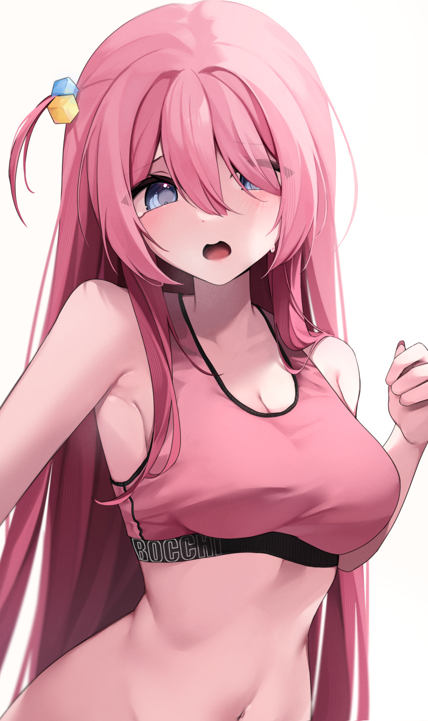 1girl absurdres blue_eyes bocchi_the_rock! breasts cube_hair_ornament gotoh_hitori hair_between_eyes hair_ornament hair_over_one_eye highres hiroside long_hair medium_breasts open_mouth pink_hair side_ahoge solo sports_bra white_background