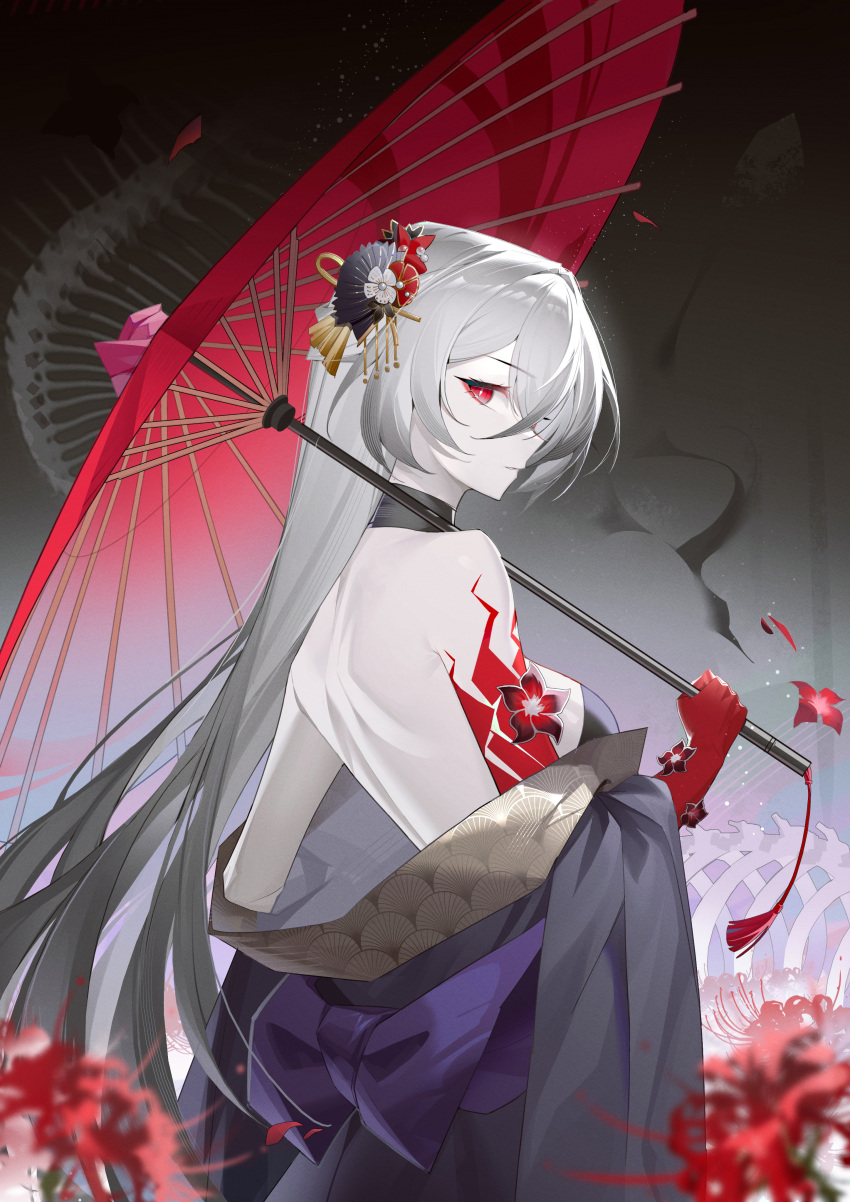 1girl absurdres acheron_(honkai:_star_rail) alternate_costume back bare_back bare_shoulders black_choker black_kimono breasts bright_pupils choker colored_extremities commentary cowboy_shot eyeliner flower from_behind from_side grey_hair hair_intakes hair_ornament hair_over_one_eye highres holding holding_umbrella honkai:_star_rail honkai_(series) hunxuemeilin japanese_clothes kimono long_hair looking_at_viewer looking_back makeup medium_breasts official_alternate_color oil-paper_umbrella parted_lips profile red_eyeliner red_eyes red_flower red_petals red_spider_lily shoulder_blades sidelocks solo spider_lily umbrella very_long_hair white_hair white_pupils