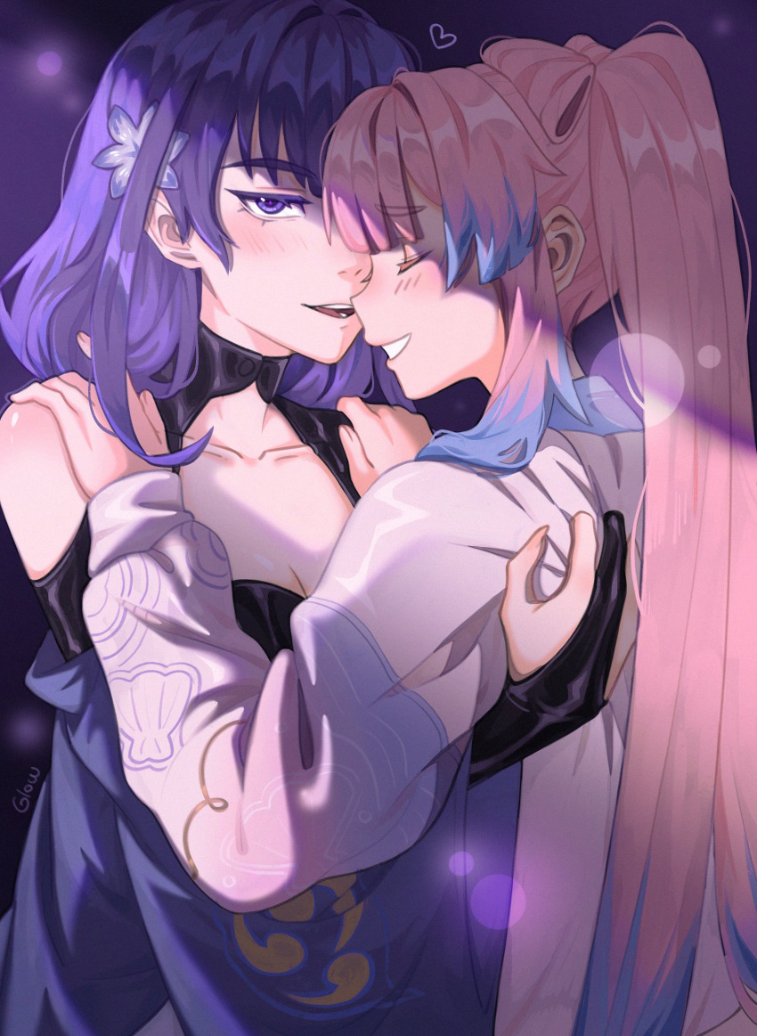 2girls artist_name blush breasts cleavage closed_eyes commentary fingernails flower genshin_impact gloves glowy_(gloww) hair_flower hair_ornament hand_on_another's_back hands_on_another's_shoulders heart highres long_hair looking_at_viewer multicolored_hair multiple_girls parted_lips partially_fingerless_gloves pink_hair ponytail purple_background purple_eyes purple_flower purple_hair purple_robe raiden_shogun robe sangonomiya_kokomi sharp_fingernails smile streaked_hair upper_body white_robe yuri