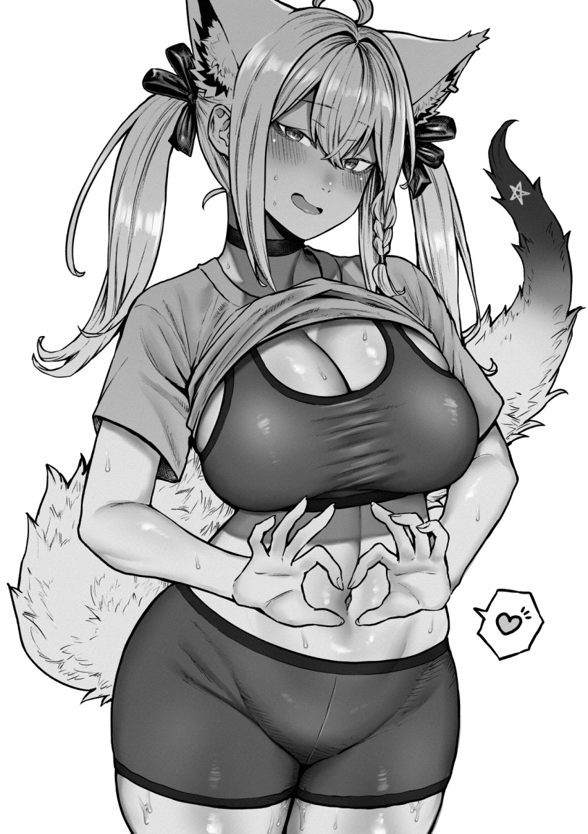1girl ahoge alternate_breast_size alternate_costume animal_ears bike_shorts blush braid breasts choker cleavage clothes_lift fox_ears fox_girl fox_tail hair_between_eyes hair_ribbon heart heart_hands highres hololive inamimi_(sheep1733) large_breasts long_hair looking_at_viewer midriff monochrome navel ribbon shirakami_fubuki shirt_lift side_braid simple_background solo sports_bra sweat tail twintails virtual_youtuber white_background white_burinyan