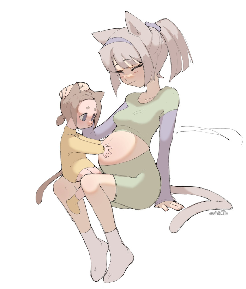 2girls animal_ears big_belly breasts cat_ears cat_girl cat_tail child grey_eyes hand_on_another's_head hand_on_another's_stomach highres light_brown_hair long_sleeves midriff miyu_(vanabette) mother_and_child multiple_girls original ponytail pregnant signature sitting sitting_on_lap sitting_on_person socks tail vanabette