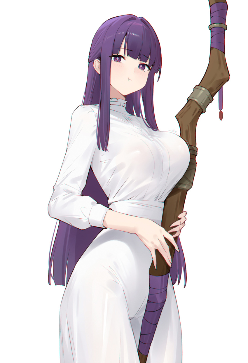 1girl 95--- :t blunt_bangs breasts cowboy_shot dress fern_(sousou_no_frieren) highres holding holding_staff large_breasts long_hair long_sleeves pout purple_eyes purple_hair sidelocks simple_background solo sousou_no_frieren staff straight_hair very_long_hair white_background white_dress