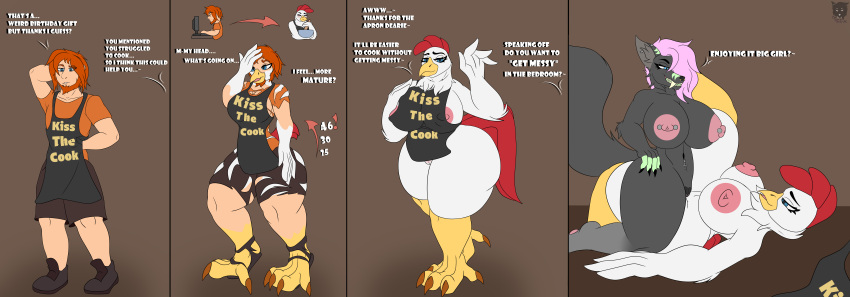 4_fingers absurd_res alternate_species anthro apron apron_only areola avian beak big_breasts bird bottomwear breast_growth breasts butt canid canine canis chicken claws clothed clothing crossgender digital_media_(artwork) duo english_text expansion fangs feathers feet female female/female fingers fox fur galliform gallus_(genus) gender_transformation genitals growth hair hashi_(sralivewolfox) hi_res huge_breasts human human_to_anthro humanoid hybrid male mammal mature_anthro mature_female mid_transformation mind_alteration mind_control mostly_nude mtf_crossgender mtf_transformation nipples nude open_mouth pants phasianid pubes pussy sabertooth_(anatomy) sex simple_background smile solo species_transformation sralivewolfox tail tail_feathers teeth text thick_thighs thigh_expansion toes tongue topwear torn_bottomwear torn_clothing torn_pants torn_topwear transformation transformation_sequence tribadism vaginal wolf