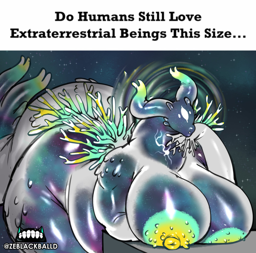 2024 absurd_res alien areola artist_logo artist_name belly big_breasts big_butt black_text breasts butt dialogue digital_media_(artwork) do_men_still_love_women_this_size extraterrestrial female glistening glistening_body glistening_breasts hi_res huge_breasts huge_butt leaning leaning_forward lips logo meme multicolored_body nipples solo space tail text the_guardian_(ze_black) thick_lips ze_blackball.d