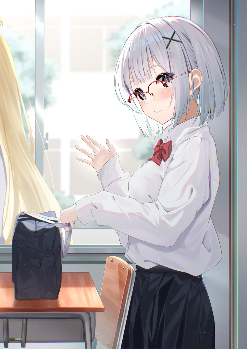 2girls absurdres bag black_skirt blonde_hair blush borumete bow bowtie chair chromatic_aberration classroom closed_mouth collared_shirt commentary_request desk from_side glasses grey_eyes grey_hair hair_ornament hairpin hand_up highres holding holding_bag indoors long_hair long_sleeves looking_at_viewer multiple_girls original out_of_frame over-rim_eyewear pleated_skirt red-framed_eyewear red_bow red_bowtie school_bag school_chair school_desk semi-rimless_eyewear shirt shirt_tucked_in short_hair skirt smile waving white_shirt window