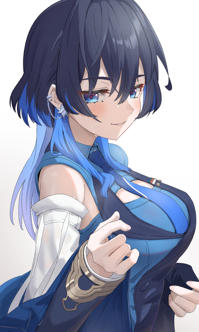 1girl bare_shoulders black_hair blue_eyes blue_hair blue_jacket blue_necktie blue_shirt blue_vest blush breasts chahanramen collared_vest detached_sleeves ear_piercing earrings from_side hair_between_eyes highres hololive jacket jewelry large_breasts light_blue_hair light_smile long_hair long_sleeves looking_at_viewer medal necktie off_shoulder open_clothes open_jacket ouro_kronii ouro_kronii_(4th_costume) piercing shirt simple_background solo sweat undressing vest virtual_youtuber white_background wing_collar wolf_cut