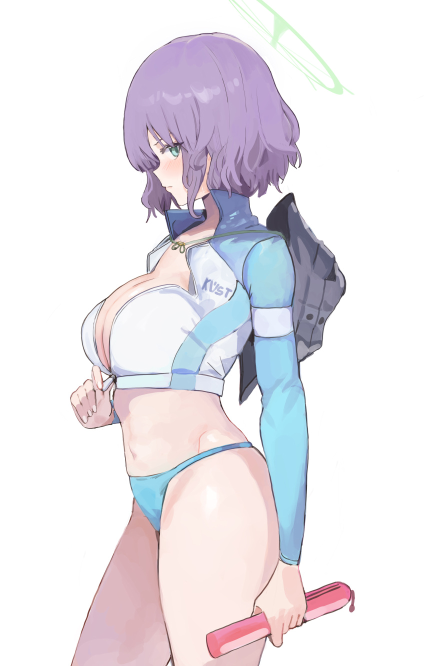1girl absurdres bikini blue_archive blue_bikini blush breasts cleavage closed_mouth cowboy_shot from_side ggab0621 green_eyes green_halo halo highres holding large_breasts long_sleeves looking_at_viewer navel official_alternate_costume profile purple_hair raglan_sleeves rash_guard saki_(blue_archive) saki_(swimsuit)_(blue_archive) short_hair simple_background solo swimsuit white_background
