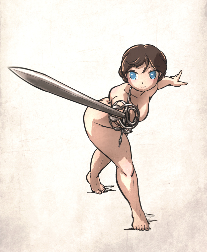1girl blue_eyes brown_hair completely_nude convenient_censoring highres holding holding_sword holding_weapon ironlily nude original rapier solo sword thighs weapon weapons_instructor_(ironlily)
