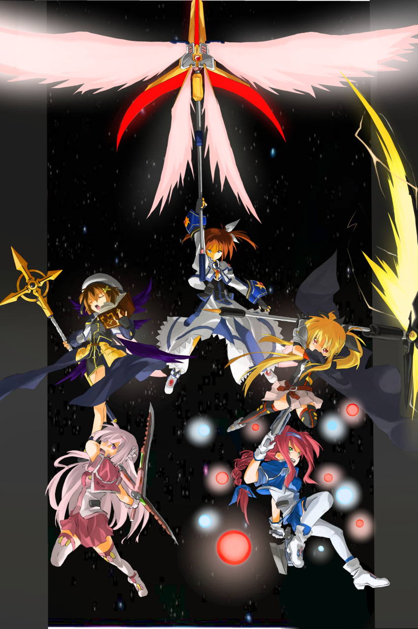 5girls absurdres amitie_florian bardiche_(nanoha) bardiche_(scythe_form)_(nanoha) black_background bygddd5 dual_wielding energy_ball energy_blade fate_testarossa fate_testarossa_(lightning_form)_(2nd) gun highres holding holding_gun holding_scythe holding_staff holding_sword holding_weapon kyrie_florian lyrical_nanoha mahou_shoujo_lyrical_nanoha mahou_shoujo_lyrical_nanoha_a's mahou_shoujo_lyrical_nanoha_a's_portable:_the_gears_of_destiny mahou_shoujo_lyrical_nanoha_the_movie_2nd_a's multiple_girls outside_border raising_heart raising_heart_(exelion_mode)_(2nd) schwertkreuz scythe serious staff sword takamachi_nanoha takamachi_nanoha_(exelion_mode) thighhighs tome_of_the_night_sky twintails variant_zapper weapon wings yagami_hayate