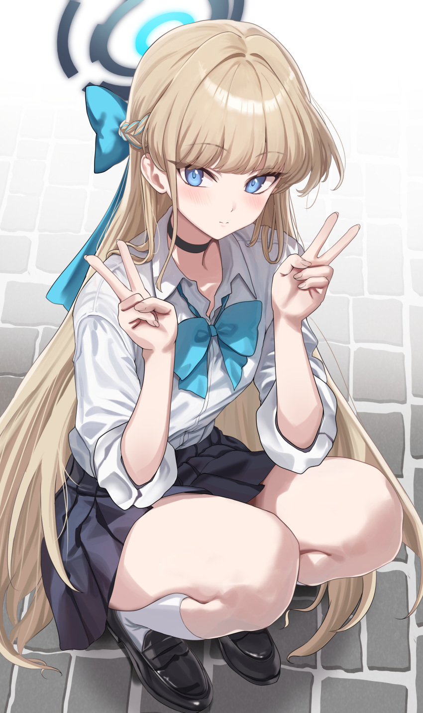 1girl absurdres alternate_costume black_choker black_footwear black_skirt blonde_hair blue_archive blue_bow blue_bowtie blue_eyes bow bowtie choker closed_mouth collar collared_shirt double_v hair_bow halo hidis0086 highres kneehighs loafers long_hair long_sleeves looking_at_viewer school_uniform shirt shoes skirt sleeves_rolled_up socks solo squatting toki_(blue_archive) v white_collar white_shirt white_socks