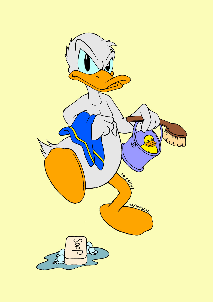 absurd_res anatid anseriform anthro avian beak bird bucket container disney donald_duck duck feathers hi_res male nude rubber_duck scrub_brush soap solo tail tail_feathers togrieve towel white_body white_feathers