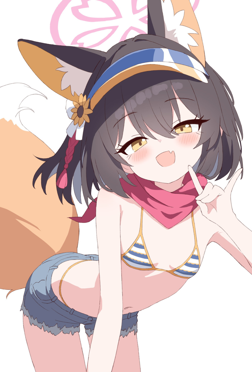 1girl absurdres animal_ear_fluff animal_ears bikini black_hair blue_archive blue_shorts blush breasts cowboy_shot extra_ears fang fox_ears fox_shadow_puppet fox_tail hair_between_eyes halo highres izuna_(blue_archive) izuna_(swimsuit)_(blue_archive) looking_at_viewer navel official_alternate_costume open_mouth pink_halo red_scarf scarf short_hair short_shorts shorts simple_background skin_fang small_breasts smile solo striped_bikini striped_clothes swimsuit tail white_background yellow_eyes yukisiannn