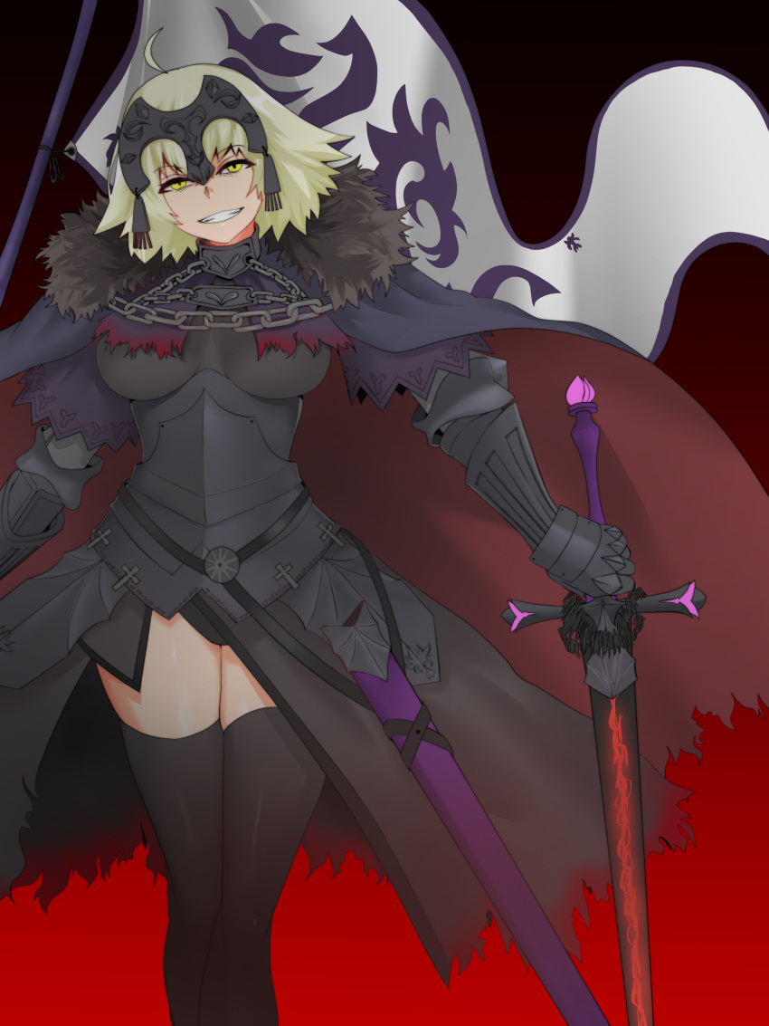 1girl absurdres ahoge armor armored_dress asha black_armor black_background black_cape black_thighhighs blonde_hair boobplate cape chain commentary_request fate/grand_order fate_(series) feet_out_of_frame flag gauntlets gradient_background grin head_tilt headpiece highres holding holding_flag holding_sword holding_weapon jeanne_d'arc_alter_(avenger)_(fate) jeanne_d'arc_alter_(fate) looking_at_viewer medium_bangs red_background short_hair smile solo standing sword thighhighs torn_cape torn_clothes two-sided_cape two-sided_fabric weapon yellow_eyes