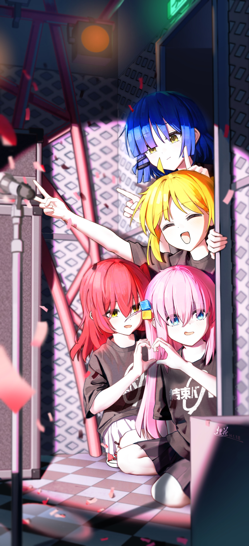 4girls absurdres ahoge black_shirt black_skirt blonde_hair blue_eyes blue_hair bocchi_the_rock! closed_eyes closed_mouth cube_hair_ornament gotoh_hitori hair_between_eyes hair_ornament heart heart_hands heart_hands_duo highres ijichi_nijika index_fingers_raised kita_ikuyo kneeling long_hair looking_at_another multiple_girls open_mouth pink_hair pleated_skirt red_footwear red_hair shirt shoes short_hair skirt sklt_(swyt8223) sneakers spotlight squatting stage stage_lights text_print v white_skirt yamada_ryo yellow_eyes