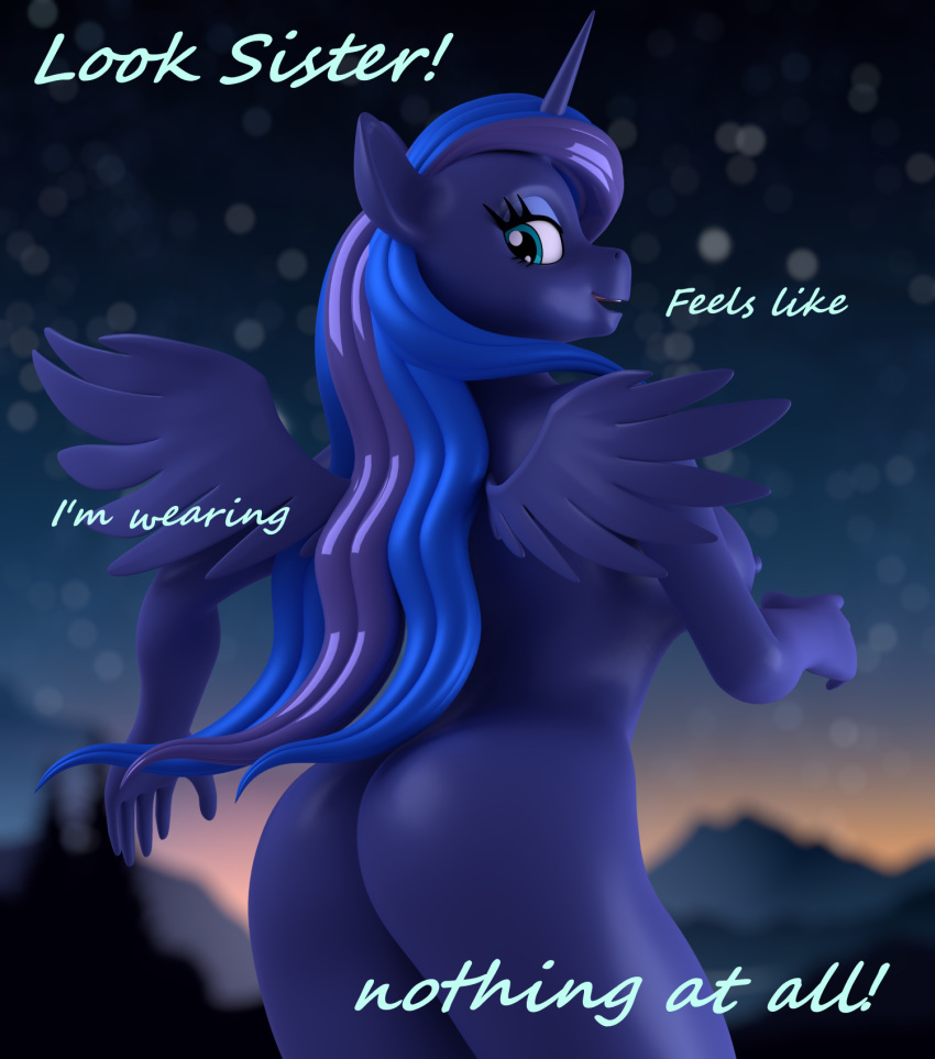 3d_(artwork) anthro argos90 blender_(artwork) blender_cycles breasts butt dialogue digital_media_(artwork) english_text equid equine eyelashes female fingers friendship_is_magic hasbro hi_res horn mammal my_little_pony mythological_creature mythological_equine mythology nipples princess_luna_(mlp) solo text winged_unicorn wings