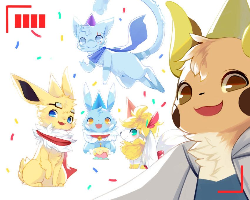 3_fingers 3_toes 4_fingers aishasoup ambiguous_gender anthro ashley_(shaymin) bell bell_collar black_nose blue_body blue_eyes blue_fur blush bow_ribbon brown_body brown_eyes brown_fur cake camera_hud camera_view candle celebration chest_tuft clothing collar dessert eevee eeveelution eyewear eyewear_on_head fakemon feet feral fingers food fur generation_1_pokemon generation_4_pokemon gesture goggles goggles_on_head green_eyes group hand_gesture hat head_tuft headgear headwear inner_ear_fluff jolteon legendary_pokemon looking_at_viewer mac_(shrike_alvaron) male mew_(pokemon) neck_tuft nintendo open_mouth party party_favor party_hat paws pikachu pokemon pokemon_(species) raichu scar scarf shaymin shrike_alvaron sitting sky_forme_shaymin smile sweater tail tail_tuft tan_body tan_fur toes topwear tuft v_sign white_body white_fur yellow_body yellow_eyes yellow_fur