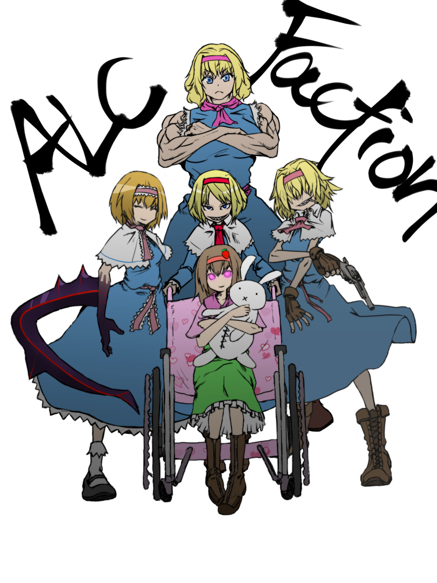 5girls absurdres alice_margatroid ascot asha blonde_hair blue_dress blue_eyes bois_de_justice boots brown_footwear brown_gloves capelet closed_eyes closed_mouth commentary_request cookie_(touhou) dies_irae dress fingerless_gloves food-themed_hair_ornament frilled_dress frilled_hairband frilled_necktie frilled_sash frills full_body gloves glowing glowing_eyes gun hair_ornament hairband highres hinase_(cookie) holding holding_gun holding_weapon ichigo_(cookie) jigen_(cookie) looking_at_viewer medium_bangs medium_hair multiple_girls muscular muscular_female necktie open_mouth pink_ascot pink_hairband pink_necktie pink_sash red_hairband revolver sakuranbou_(cookie) sash sharp_teeth shinza_bansho_series short_hair simple_background sitting smile standing strawberry_hair_ornament stuffed_animal stuffed_rabbit stuffed_toy taisa_(cookie) teeth touhou weapon wheelchair white_background white_capelet